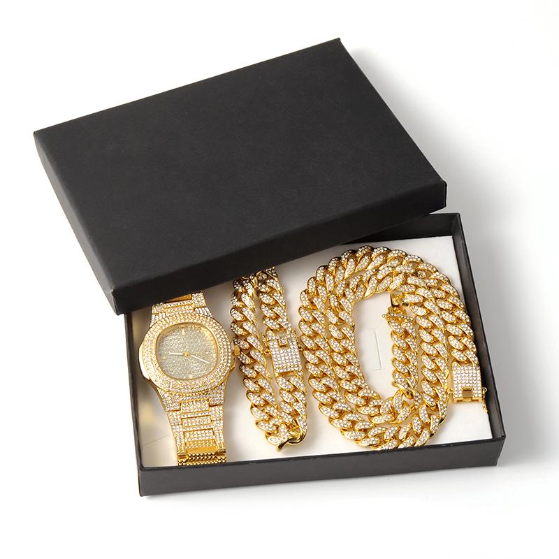 Gold / Silver Necklace+Watch+Bracelet Iced Hip-Hop Style Jewelry Set