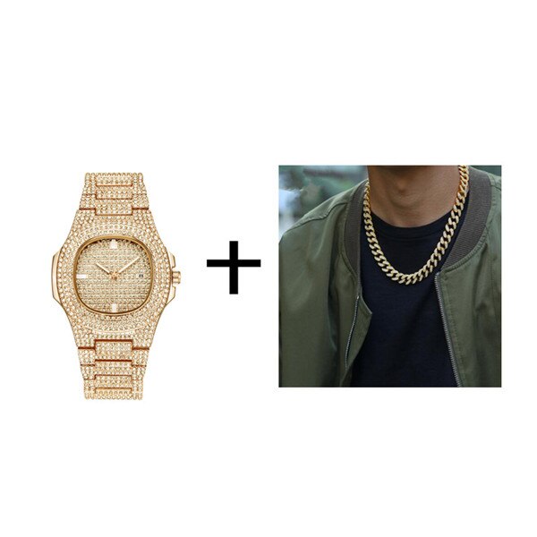 Gold / Silver Necklace+Watch+Bracelet Iced Hip-Hop Style Jewelry Set