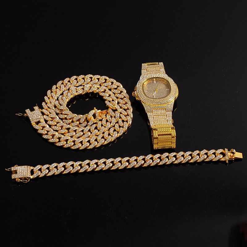 Gold / Silver Necklace+Watch+Bracelet Iced Hip-Hop Style Jewelry Set