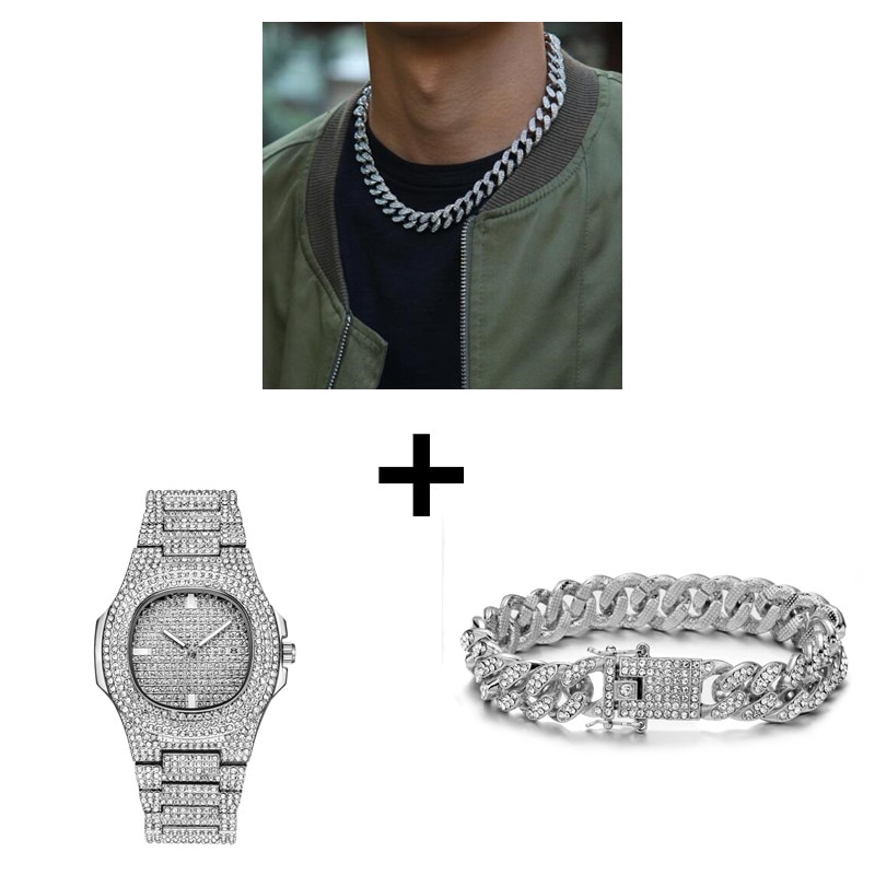 Gold / Silver Necklace+Watch+Bracelet Iced Hip-Hop Style Jewelry Set