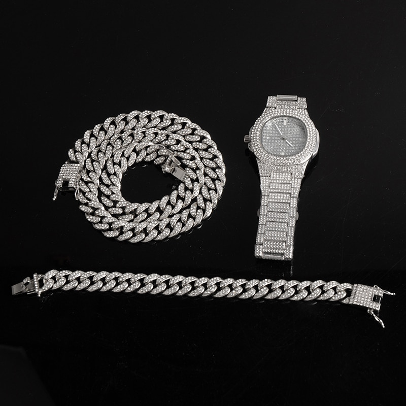 Gold / Silver Necklace+Watch+Bracelet Iced Hip-Hop Style Jewelry Set