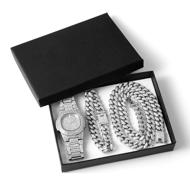 Gold / Silver Necklace+Watch+Bracelet Iced Hip-Hop Style Jewelry Set