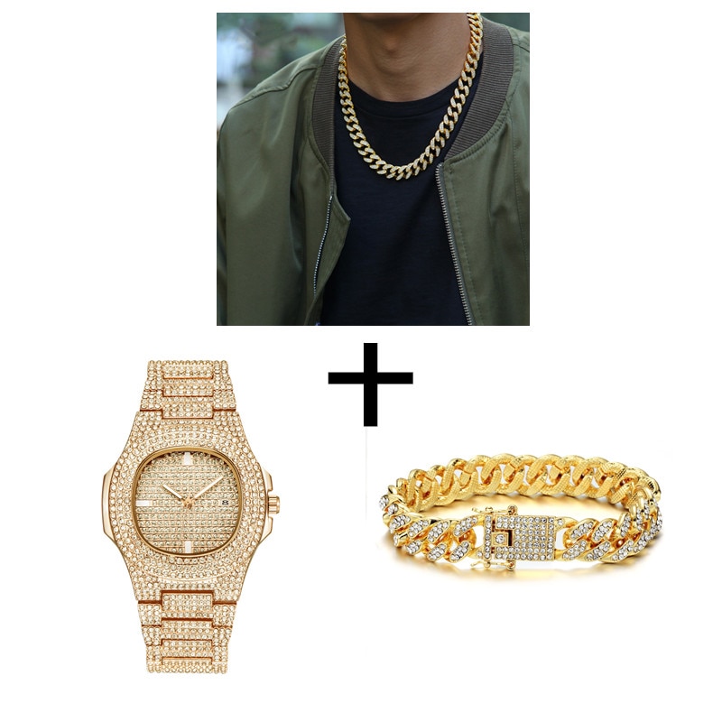 Gold / Silver Necklace+Watch+Bracelet Iced Hip-Hop Style Jewelry Set